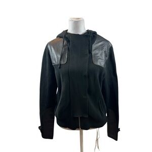 Olo Brand Ladies Hooded Black Zip Up Sweater with Genuine Leather‎ Details Large